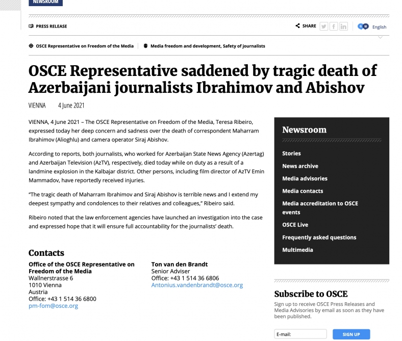 OSCE Representative saddened by tragic death of Azerbaijani journalists Ibrahimov and Abishov